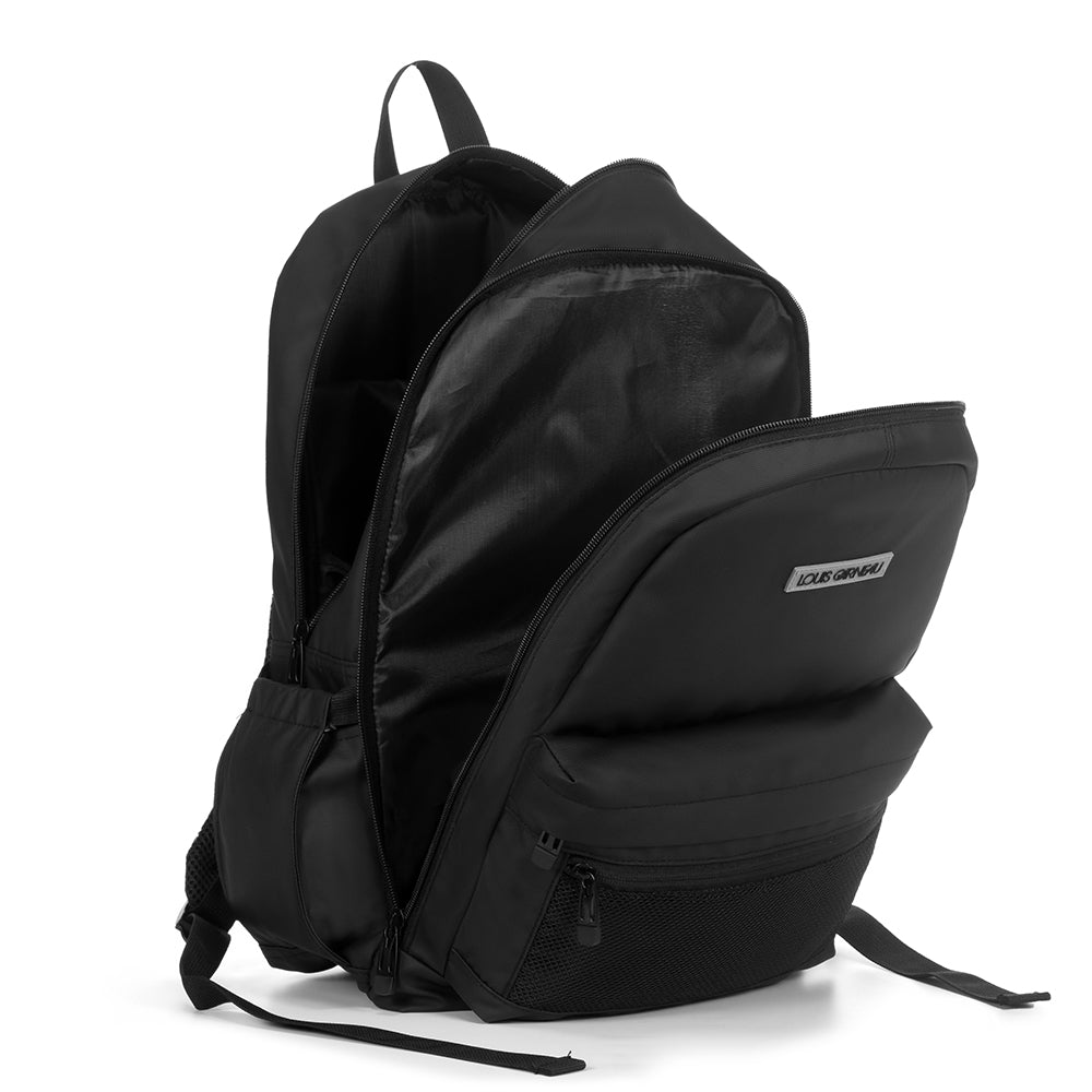 Sac à dos - Louis Garneau Noir en polyester, 2 compartiments ouverts, poches filet latérales, vue 3/4 face détaillée