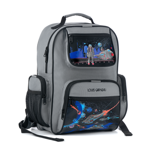Sac à dos - Louis Garneau Vaisseau Spatial gris avec illustrations spatiales bleues et rouges, 4 pochettes, vue de face.