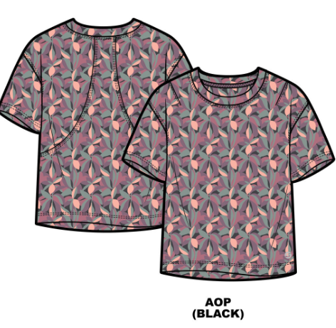 T-Shirt - M.I.D à coupe courte avec motif feuilles roses et vertes, noir, pour fille, vue de face et dos.