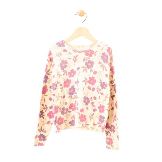 Chandail - M.I.D en acrylique beige à motif floral rose et violet, pour fille, vue de face, manches longues.