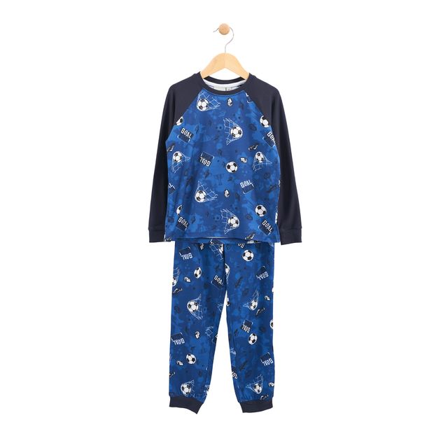 Pyjama - M.I.D. bleu et marine avec motifs football blancs et textes, manches longues, 95% polyester 5% élasthane, garçon, vue de face.
