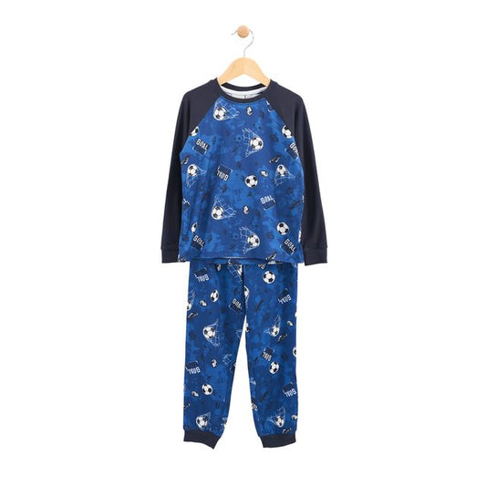Pyjama - M.I.D. bleu et marine avec motifs football blancs et textes, manches longues, 95% polyester 5% élasthane, garçon, vue de face.