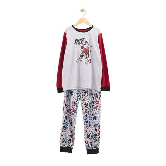 Pyjama - M.I.D. garçon blanc et rouge avec motif hockey sur glace, pantalon imprimé multicolore, vue de face suspendu