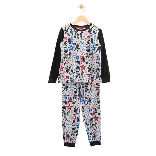 Pyjama - M.I.D. gris à motifs hockey noirs, rouges et bleus, manches et poignets noirs, pour garçon, vue de face.