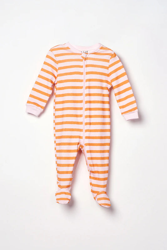Pyjama - M.i.D rayé rose clair et orange, à manches longues avec pieds, pour bébé fille, vue de face, coton doux