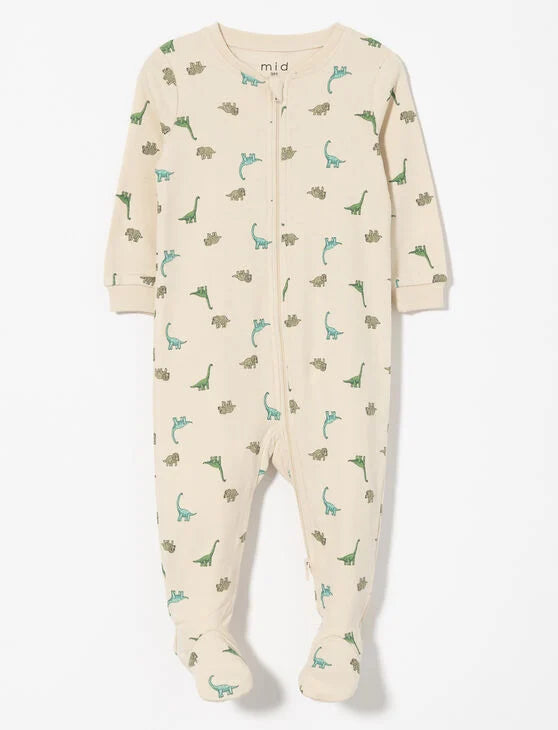 Pyjama - M.I.D. beige en coton avec imprimés dinosaures verts et bleus, manches longues, pour garçon, vue de face.