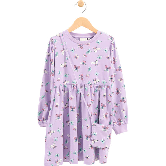 Robe - M.I.D violette à manches longues avec motifs papillons rose et vert, tissu doux, pour fille, vue de face accroché