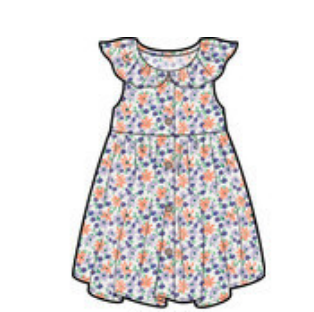 Robe - M.I.D fille en viscose blanche à imprimé floral orange et violet, manches courtes volantées, vue de face.