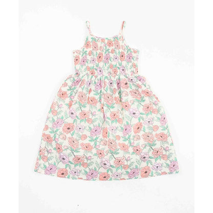 Robe - M.I.D en coton blanc à fines bretelles avec motif floral rose, mauve et vert, pour fille, vue de face.