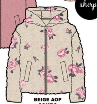 Veste en sherpa - M.I.D. beige à imprimé floral rose, style fille, tissu doux, vue de face avec capuche et poches.