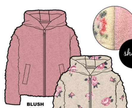 Veste - M.I.D. réversible rose uni et écru à fleurs roses, texture sherpa, pour fille, vue de face et détail tissu