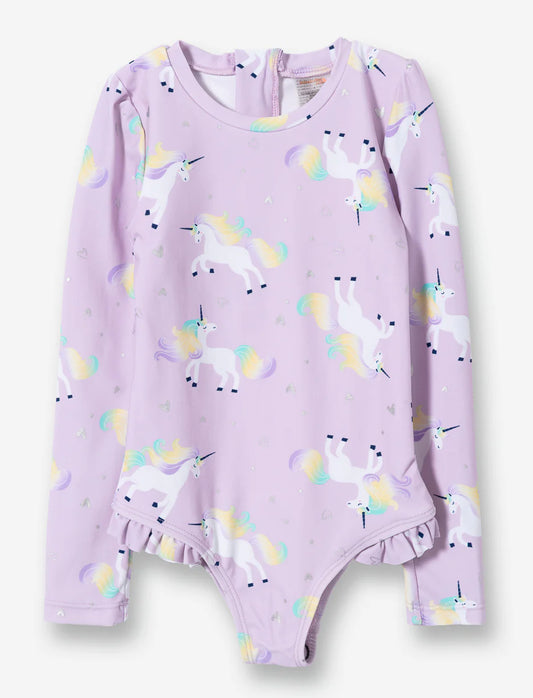 Maillot de bain - Mandarine & Co violet clair à manches longues avec imprimé licornes multicolores, pour enfant, vue de face.