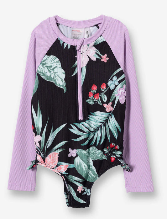 Maillot de bain - Mandarine & Co une pièce manches longues violet et noir à motifs floraux verts et beige, vue de face, pour enfant