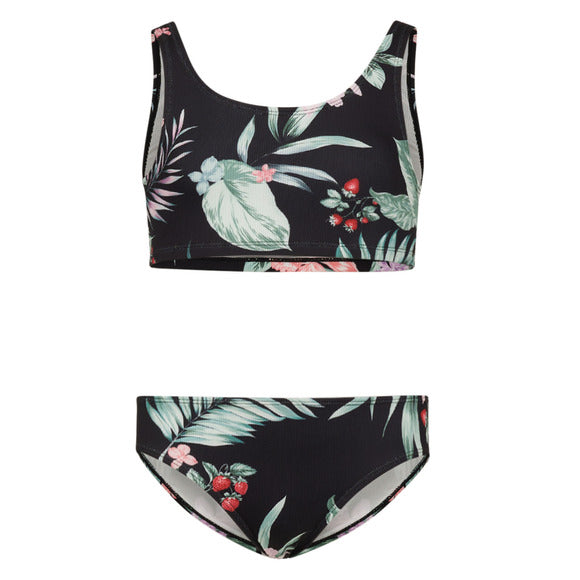 Maillot de bain - Mandarine & Co bustier et culotte noir à rayures avec motifs floraux roses, verts et beige, style jeune fille, vue de face et dos.