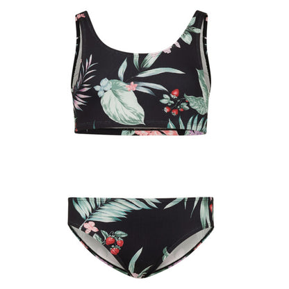 Maillot de bain - Mandarine & Co bustier et culotte noir à rayures avec motifs floraux roses, verts et beige, style jeune fille, vue de face et dos.