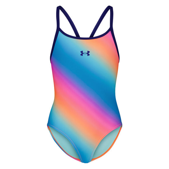 Maillot de bain - Under Armour une pièce dégradé bleu et rose, dos ouvert, matière polyester et spandex, vue de face paysage.
