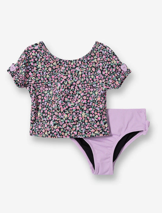 Maillot de bain - Mandarine & Co deux pièces avec haut à fleurs roses et jaunes, bas violet côtelé, pour enfant, vue de face