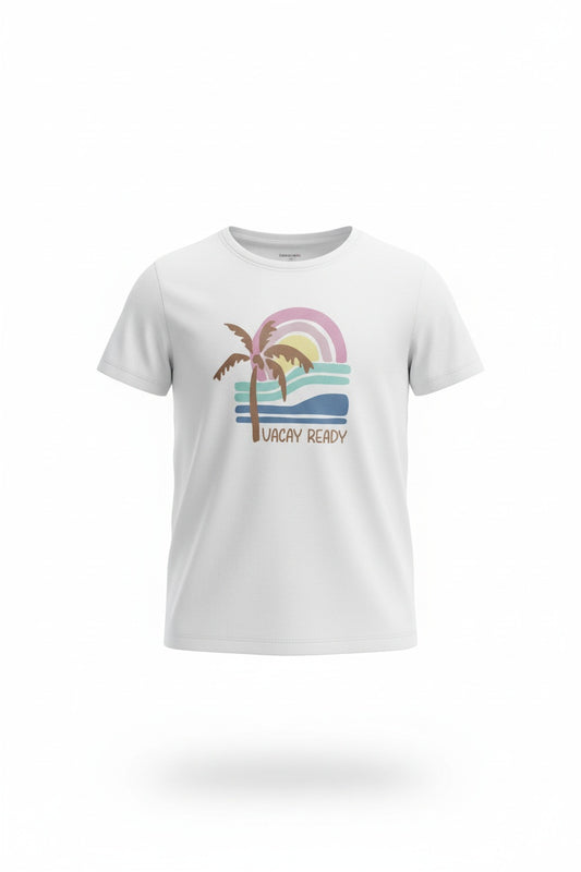 T-Shirt - Mandarine & Co blanc en coton polyester avec motif palmier et vague pastel, pour fille, vue de face