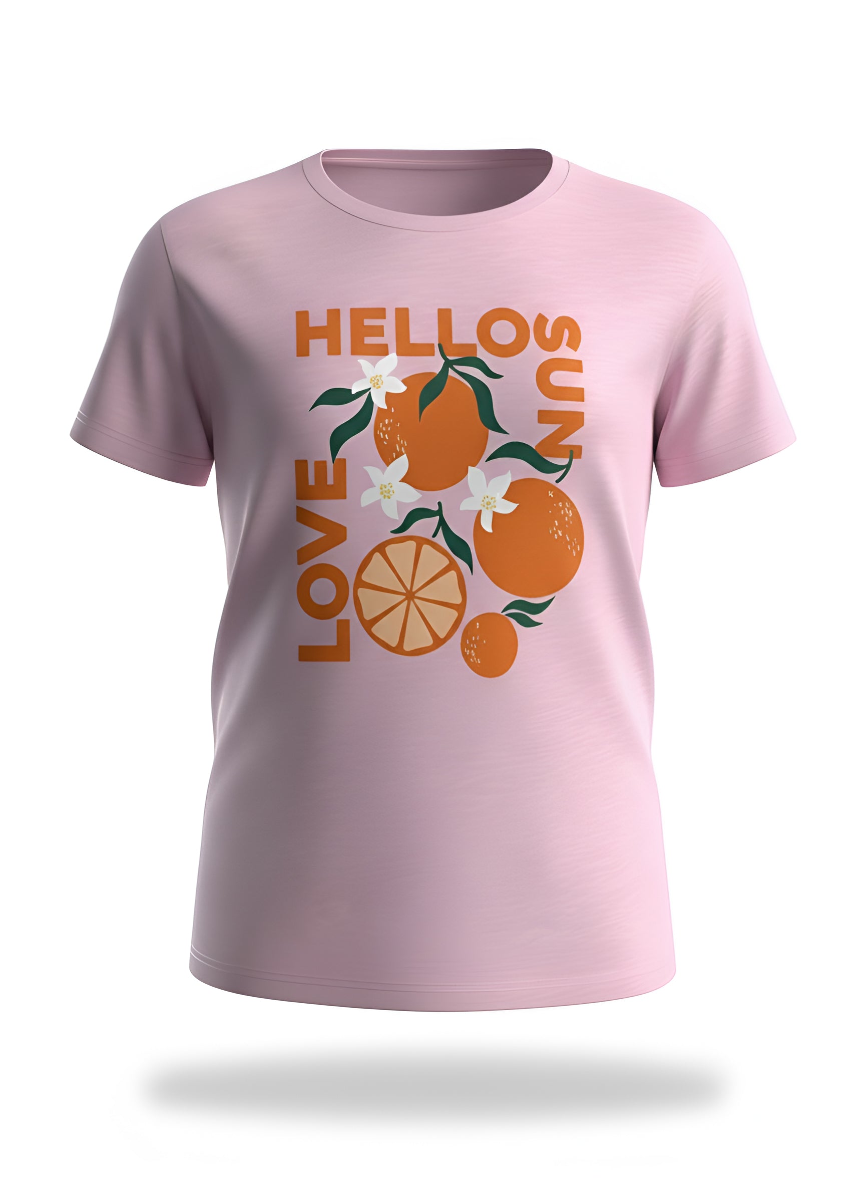 T-Shirt - Mandarine & Co rose clair en coton polyester avec imprimé oranges et fleurs blanches, pour fille, vue de face.