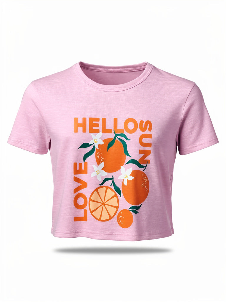 T-Shirt - Mandarine & Co rose clair avec imprimé oranges et fleurs blanches pour fille, coupe courte, vue de face