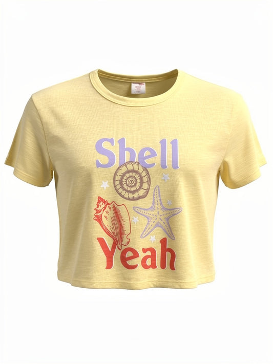 T-Shirt - Mandarine & Co jaune clair avec motifs coquillages rouges et violets, coton polyester, style fille, vue de face.