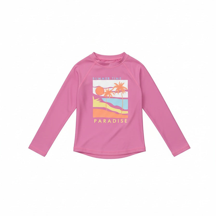 Chandail U.V - Mandarine & Co rose avec motif tropical orange et jaune, manches longues, pour fille, vue de face