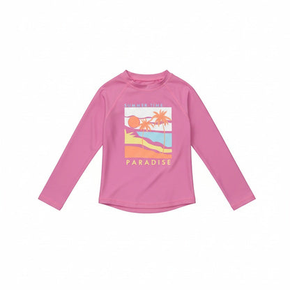 Chandail U.V - Mandarine & Co rose avec motif tropical orange et jaune, manches longues, pour fille, vue de face