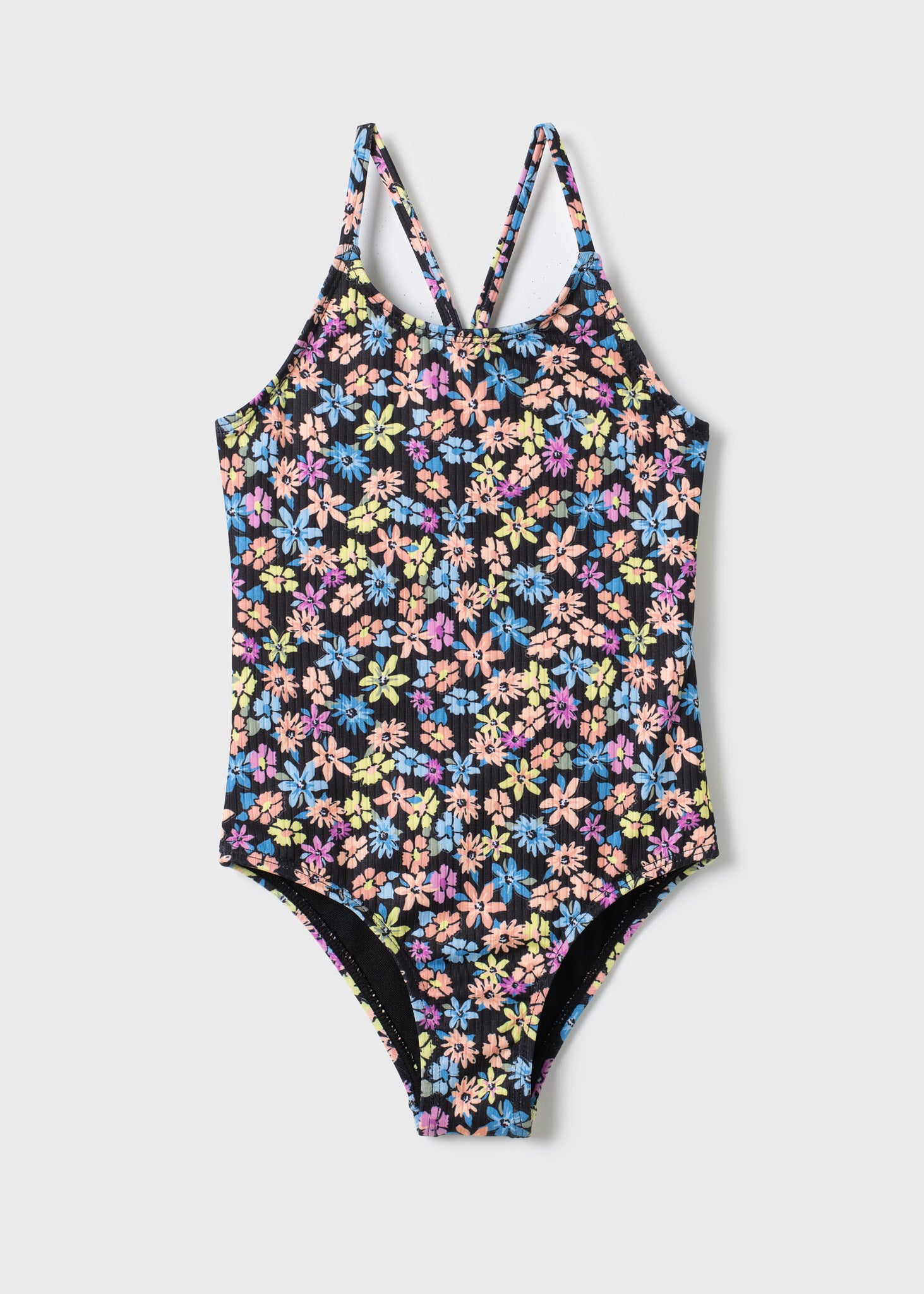 Maillot de bain - Mandarine & Co une pièce fille multicolore à fleurs pastel sur fond noir, vue de face