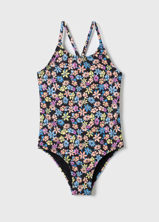 Maillot de bain - Mandarine & Co une pièce fille multicolore à fleurs pastel sur fond noir, vue de face