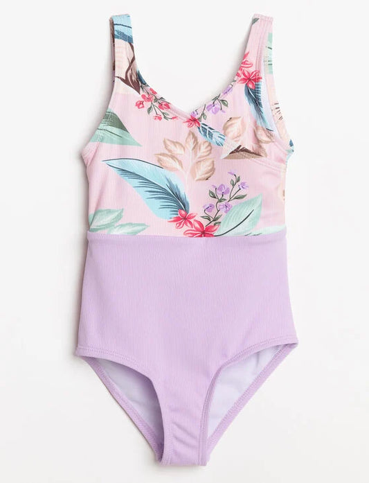 Maillot de bain - Mandarine & Co une pièce avec motifs floraux multicolores sur fond rose et bas violet, pour enfant, vue de face.