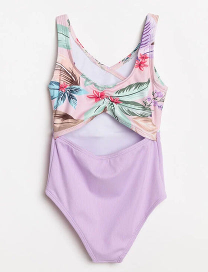 Maillot de bain - Mandarine & Co une pièce violet et multicolore à motifs floraux, découpe devant, pour enfant, vue de face