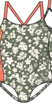 Maillot de bain - Mandarine & Co vert kaki à motifs floraux blancs, bretelles corail, pour fille, vue de face.