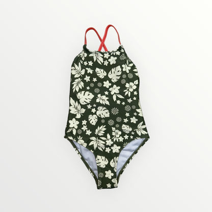 Maillot de bain - Mandarine & Co vert foncé à motifs floraux blancs, bretelles croisées rouges, pour fille, vue de face.