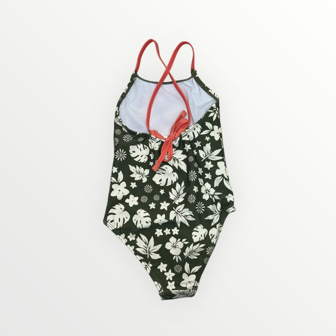 Maillot de bain - Mandarine & Co vert foncé à motifs blancs floraux avec bretelles fines rouges, pour fille, vue de dos.
