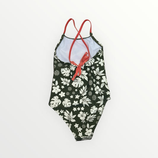 Maillot de bain - Mandarine & Co vert foncé à motifs blancs floraux avec bretelles fines rouges, pour fille, vue de dos.