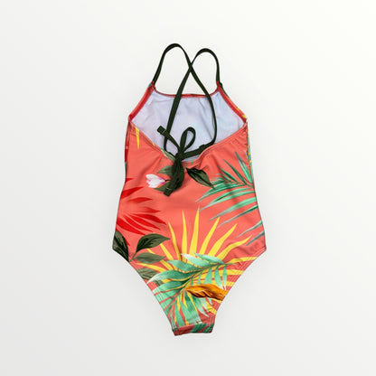 Maillot de bain - Mandarine & Co une pièce corail à motifs tropicaux verts, jaunes et rouges, pour fille, vue de dos détaillée.