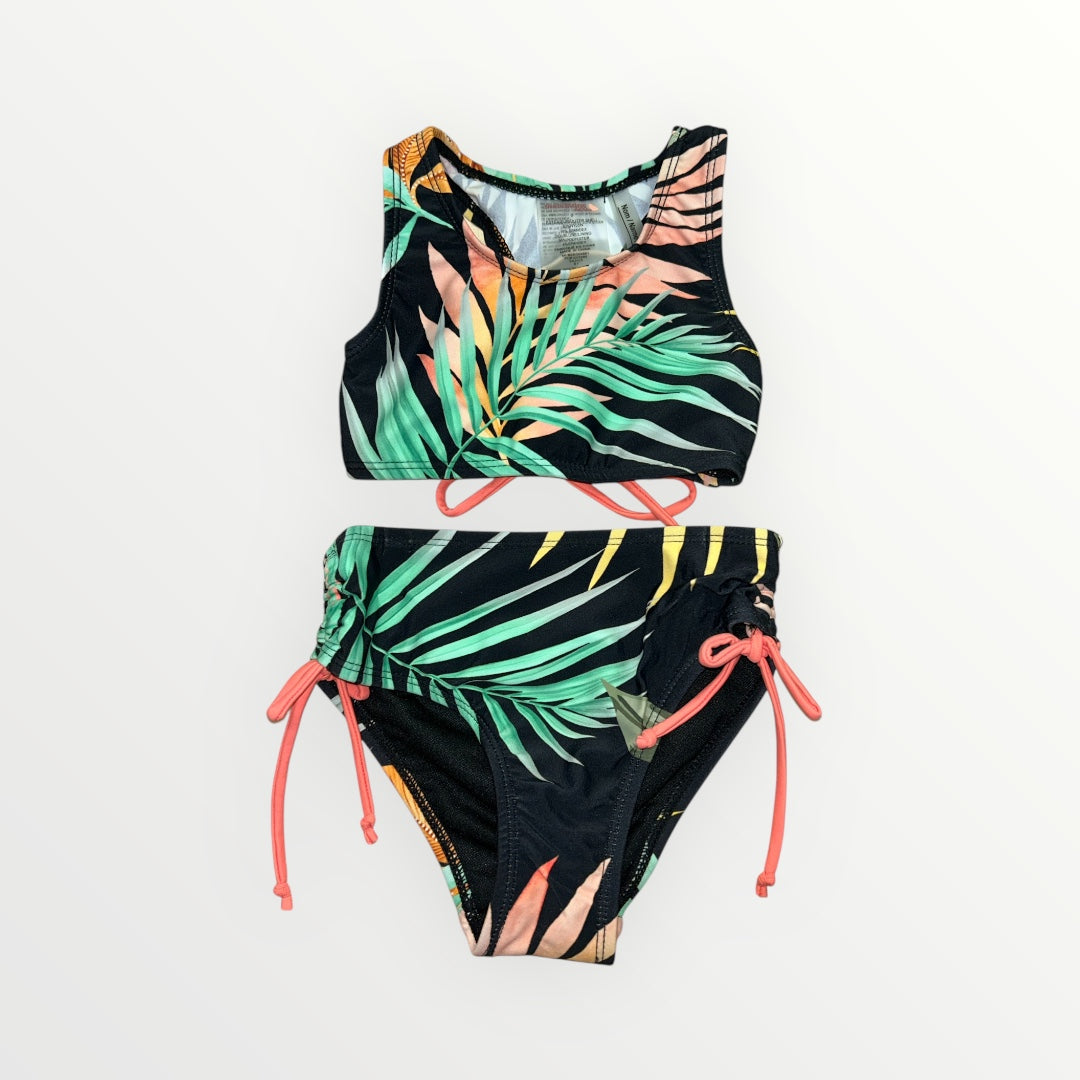Maillot de bain - Mandarine & Co deux-pièces noir à motifs feuillage verts et corail pour fille, vue de face
