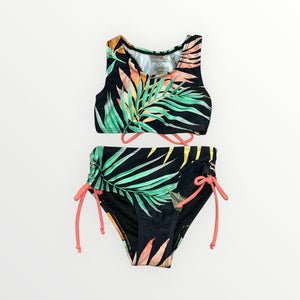 Maillot de bain - Mandarine & Co deux-pièces noir à motifs feuillage verts et corail pour fille, vue de face