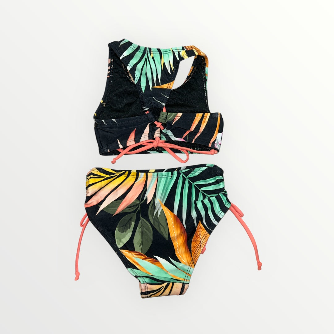 Maillot de bain - Mandarine & Co deux pièces noir à motifs feuilles jaunes, vertes et corail, pour fille, vue de face.