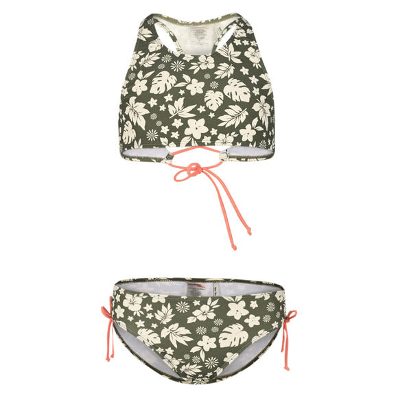 Maillot de bain - Mandarine & Co deux pièces kaki à motifs floraux beiges avec liens orange, pour fille, vue de face.