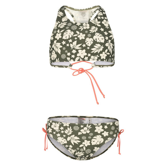 Maillot de bain - Mandarine & Co deux pièces kaki à motifs floraux beiges avec liens orange, pour fille, vue de face.