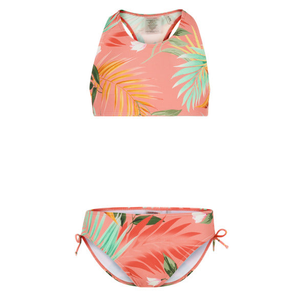 Maillot de bain - Mandarine & Co deux-pièces corail à motifs feuillage verts et jaunes, pour fille, vue de face.