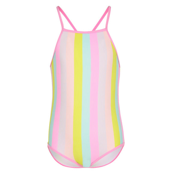 Maillot de bain - Mandarine & Co une pièce rayé rose, jaune, bleu pastel, nylon et spandex, pour fille, vue de face.