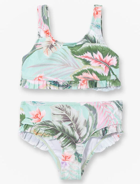 Maillot de bain - Mandarine & Co deux pièces vert clair à motifs floraux roses et feuilles vertes, pour fille, vue de face.