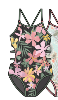 Maillot de bain - Mandarine & Co une pièce vert foncé avec motifs floraux roses, jaunes et verts, pour fille, vue de face
