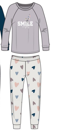 Pyjama - Mandarine & Co gris clair avec motif cœur rose, bleu et taupe, coton et spandex, fille, vue de face.