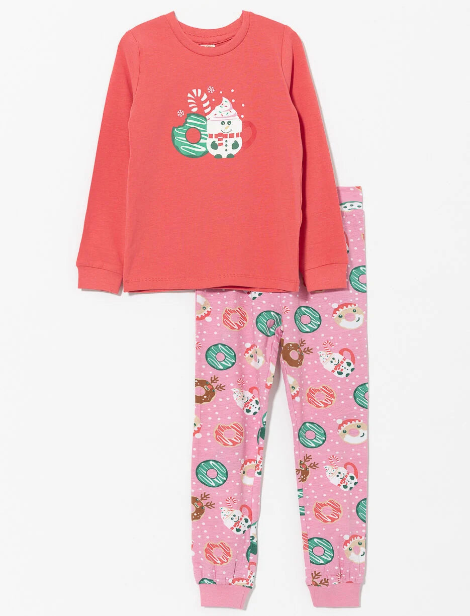 Pyjama - Mandarine & Co fille corail et rose avec motifs gourmandises, coton et spandex, manches longues, vue de face.