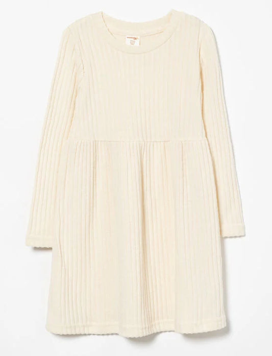 Robe - Mandarine & Co crème en maille côtelée légère, manches longues, pour fille, vue de face.