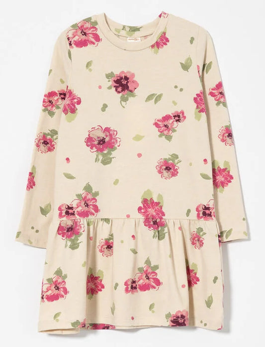 Robe - Mandarines & Co beige à motifs floraux roses et verts, manches longues, tissu mélangé polyester coton spandex, fille, vue de face