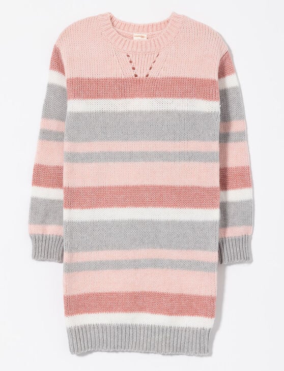 Robe - Mandarines & Co en maille rayée rose, gris et blanc, manches longues, pour fille, vue de face à plat.